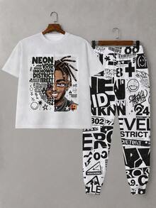 Plus Size Men's 2-Piece Set, Men's Long Pants, Graphic T-Shirt, Streetwear Series "NEON DISTRICT Newspaper Style Collage Portrait Graffiti Print" Pattern Outfit - Polyester Fabric, Drawstring, Pockets, Suitable For Plus Size Body - Multicolor - View 2