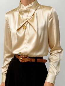 Women's Spring/Autumn Elegant Solid Color Long Sleeve Minimalist Daily Commute Top - Champagne - View 4