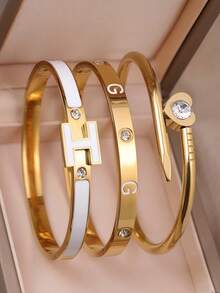 3pcs/1pc Luxury Gold & Pink Floral Bracelet Set - Roman Numeral & Crystal Stackable Bracelets, Waterproof Stainless Steel Women's Jewelry, Perfect Gift For Girlfriend And Mom - White - View 8