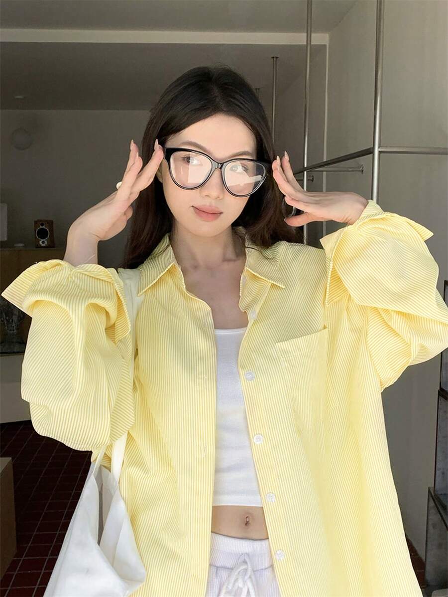 Korean Style Lazy Striped Shirt Women Summer Sun Protection Blouse Jacket Yellow Casual Loose Long Sleeve Top - Yellow - View 1