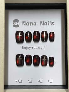 1pack/10pcs-Y2K Dark Altar Nails 3D Silver Cross & Burgundy Glitter Gothic Punk Aesthetic | Hot Short Coffin Nails - Burgundy - View 9