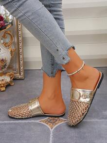 Women Gold Hollow Out Slip-On Flat Slides, Cushioned Low-Heel Plus Size Shoes, Ideal For Outdoor Travel, Casual Dinner & Gatherings - Golden Diamond PU - View 2