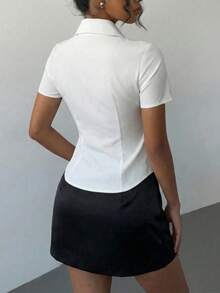 Summer New Women's Short Sleeve Fitted Slim Fit Collar Button Shirt, Simple Fashion Elegant Casual Women's Wardrobe Essential Sports White - White - View 4