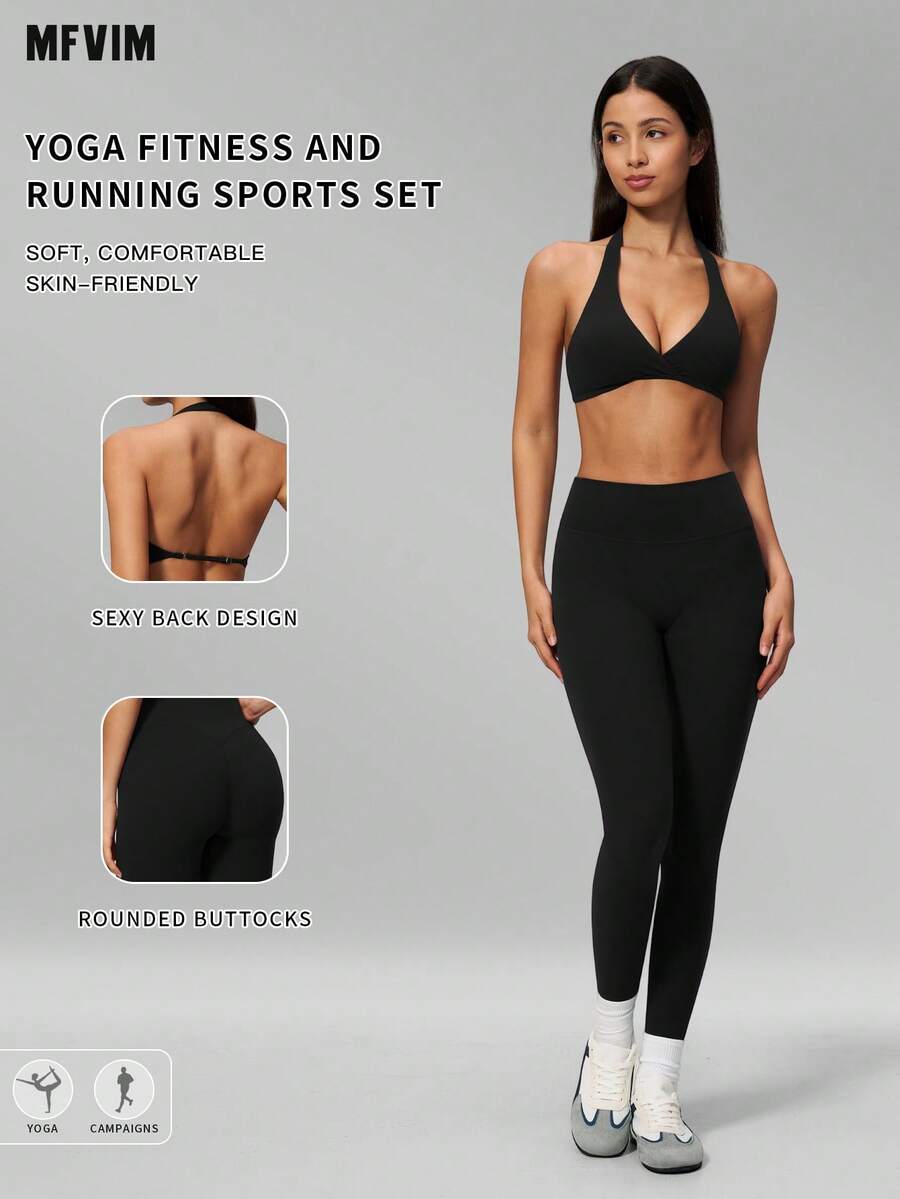 MFVIM 2pcs Set Neck-Hanging Backless Sports Bra & High-Waist Slimming Micro-Compression Peach Butt Cropped Yoga Pants For Women