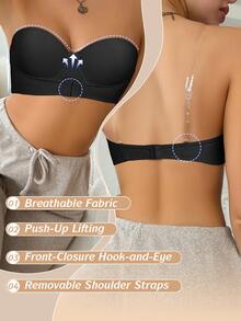 Women's Bandeau Front-Closure Push-Up Bra, Comfortable Breathable Perforated Mesh Fabric, Non-Slip Support, Convenient Front-Closure Design - Black - View 5