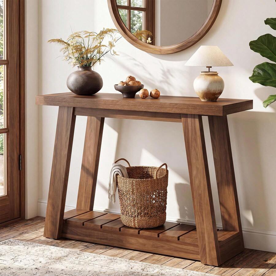 LITTLE TREE 105cm Brown 2-Tier Farmhouse Narrow Console Table Storage Sofa Table Hall Living