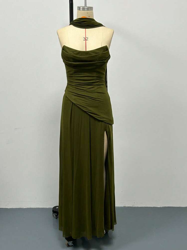 ADYCE Elegant Halter Tie Ribbon Sweetheart Neckline High Waist Pleated High Split Open Back Floor-Length Party Dress For Prom Birthday Party Evening - Army Green - View 1