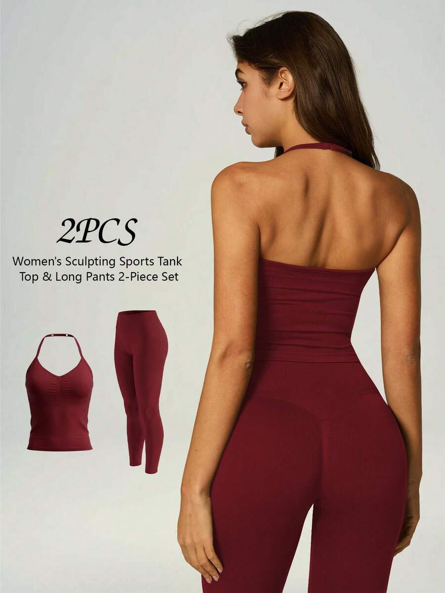 UONNOU 2pcs Women's Sports Shaping Set, Seamless Halter Neck Ruched Backless Top, High Waist Butt Lifting Tight Leggings, - Red - View 1