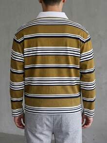 1pc Tween Boys Minimalist Preppy Striped Long Sleeve Loose Fit Polo Shirt - Multicolor - View 2