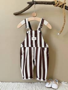 Baby Girls Vintage Brown & White Vertical Striped Overalls, Adjustable Shoulder Straps, Rolled Hem Casual Long Pants - Coffee Brown - View 6