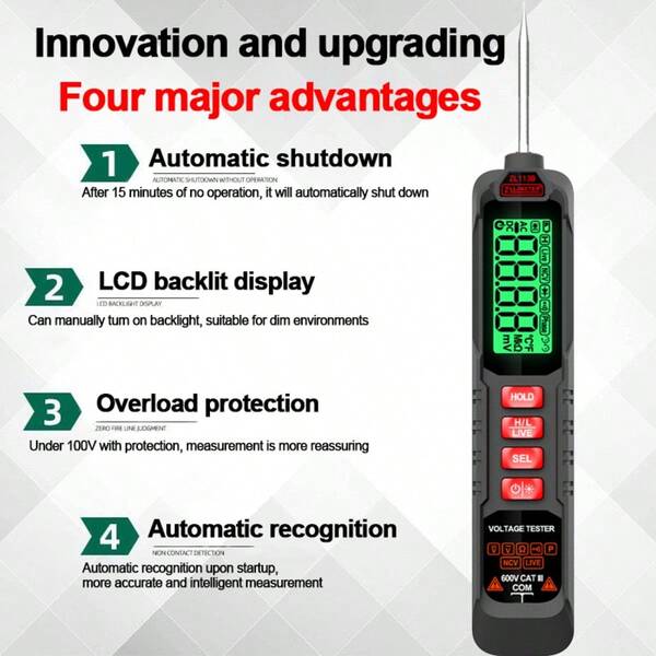 1pc Non-Contact Automatic Ohm Diode Voltage Tester Pen With Clip, 4000 Counts Digital Multimeter Tool