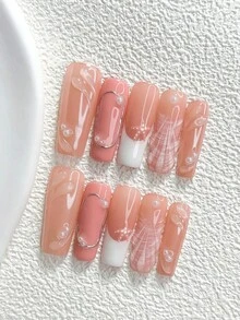 10片溫柔極簡風手工穿戴甲，Polygel美甲套組，珍珠海星圖案，粉色與白色甲色，島嶼風，含美甲工具，3種尺寸可選，杏仁/鴨嘴/棺材形，適合派對、跳舞、日常配戴 - 彩色 - 查看 15