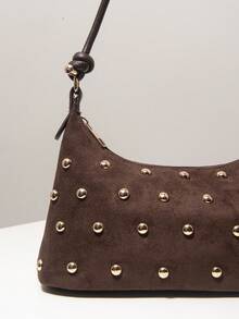 Brown Suede Shoulder Bag, Vintage Metal Studs, Women's Commuter Bag, Travel Essential, Gift, Daily Use, Large Capacity, Boho Style, Knotted, Retro - Chocolate Brown - View 4