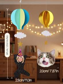Personalized Custom Photo Party Swirl Banners - Hot Air Balloon Cloud Star Hanging Decor, DIY Text/Photo Customization For Birthday, Wedding, Home/Outdoor Parties, Unique Festival Gift For Adults, Pet Lover(Includes Cat/Human Photo Cutouts) - Multicolor - View 8