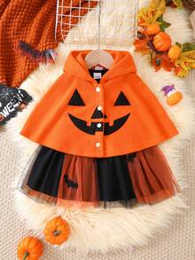 Baby Girl Halloween Orange Fleece Hooded Cape With Pumpkin Face And Bat Tulle Tutu - Multicolor - View 2