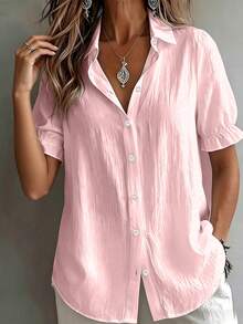 Women's Pink Lapel Short Sleeve Button-Up Shirt, Ruffle Short Sleeve, Classic Collar, Regular Length Top Summer - Pink - View 3
