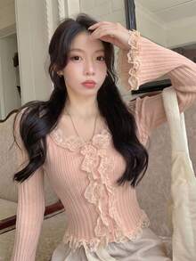 Women's Korean Style V-Neck Ruffle Lace Button-Front Top, Vertical Ribbed Elastic Waist Cropped Flare Sleeve Knit, Early Autumn, Photo Pink Fall - Pink - View 6