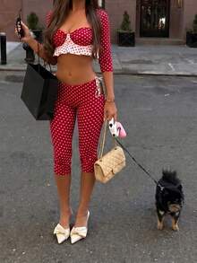 Y2K Retro Red Polka Dot Set - Cropped Colorblock Polka Dot Jacket + Red & White Contrast Camisole + High Waist Slit Capri Pants, Eye-Catching Elegant - Red and White - View 2
