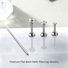 4Pcs Sets G23 Flat Back Cartilage Ear Rings Titanium Alloy Extended Internally Threaded Lip Piercing 2/3/4MM Helix Piercing Jewelry - Silver - View 5