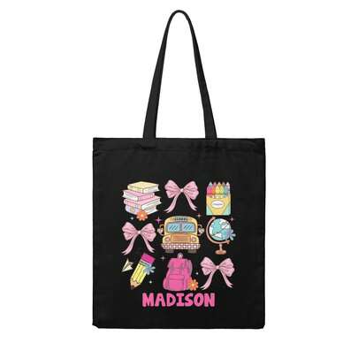 Reusable Black Polyester Canvas Tote Bag For Young Teen Girls, Cute Hand Drawn School Supply Bow Custom Name Print, Large Capacity Handbag For Back To School Shopping Beach Weekend Casual Trips, Multi Colors To Choose