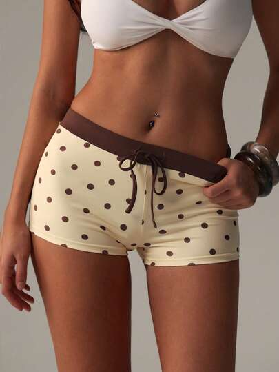 Calções femininos minimalistas elegantes para férias, casuais, streetwear, colorblock, com laço na cintura e padrão de bolinhas