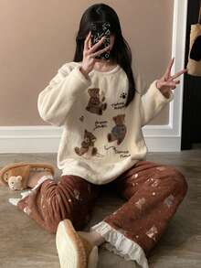 2pcs/Set Women's Crew Neck Loungewear Cute Cartoon Bear Pattern Lace Trim Winter Flannel Long Sleeve Long Pants Pajama Set - Apricot - View 5