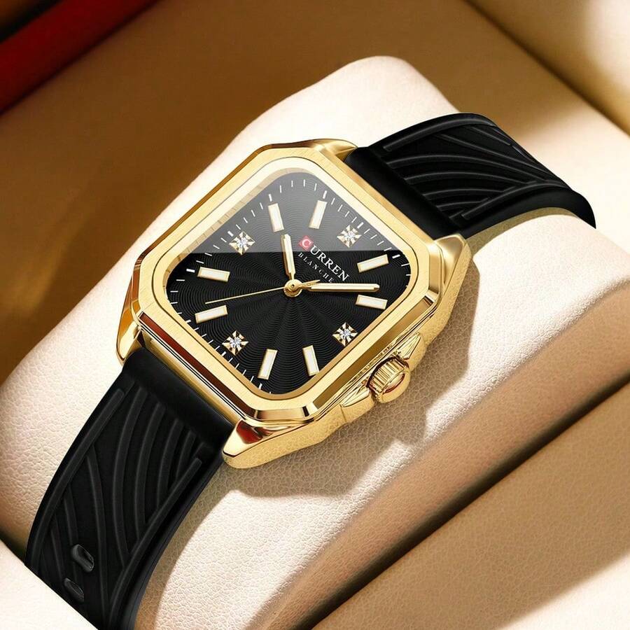 CURREN Women's Elegant Minimalist Quartz Watch, Rectangular Dial, Silicone Strap, Formal Wristwatch