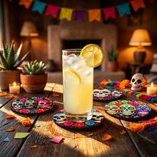 1pc Day Of The Dead Flower Sugar Skull Drink Coaster, Round Ceramic Coaster, Skull And Flower Pattern, Suitable For Coffee Cups, Beer Cups, And Kitchen And Dining Room Home Decoration - Multicolor - View 5