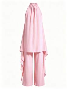 Setelan Dua Potong Asimetris Ungu Elegan Musim Panas, Atasan Asimetris Tanpa Lengan Leher Tinggi dengan Celana Panjang Lebar, Untuk Pesta Makan Malam Bisnis - Baby Pink - View 9