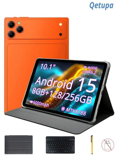Qetupa 10.1-Inch Android 15 Tablet With Case, Keyboard, And Stylus, 8GB RAM And 128GB/256GB Internal Storage (Supports 1TB Expansion), 1280x800 Touchscreen, 5MP Front Camera And 13MP Rear Camera, 6000mAh Battery (Charging Adapter Not Included)