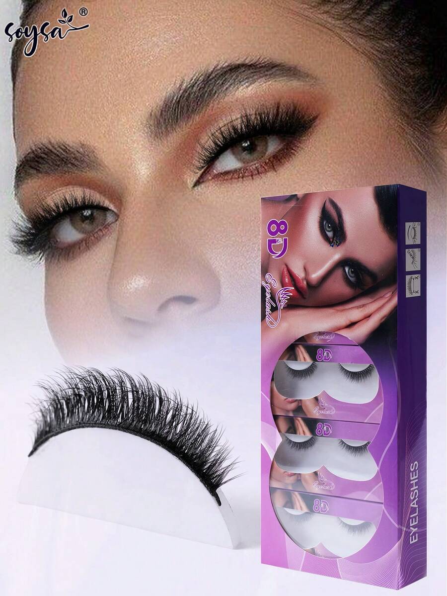 10 Pairs Of Individually Packaged 3D Stereoscopic, Natural Soft Voluminous Short False Eyelashes - Black - View 1