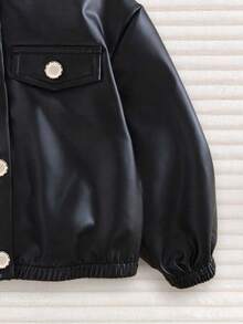 Baby Girl Autumn Black Motorcycle Jacket With Stand Collar And Metal Buttons, Cool And Cute Solid Color Outerwear For Daily Winter Wear - Black - View 5