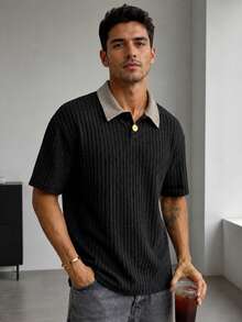 1 peça Camisa Polo Masculina com Patchwork em Padrão Pied-de-Poule, em Malha Fina, Corte Largo, Confortável, Respirável, Anti-Bolinhas, Estilo Vintage Maduro, Adequada para Deslocações Diárias, Encontros de Negócios e Outras Ocasiões - Preto - Ver 11