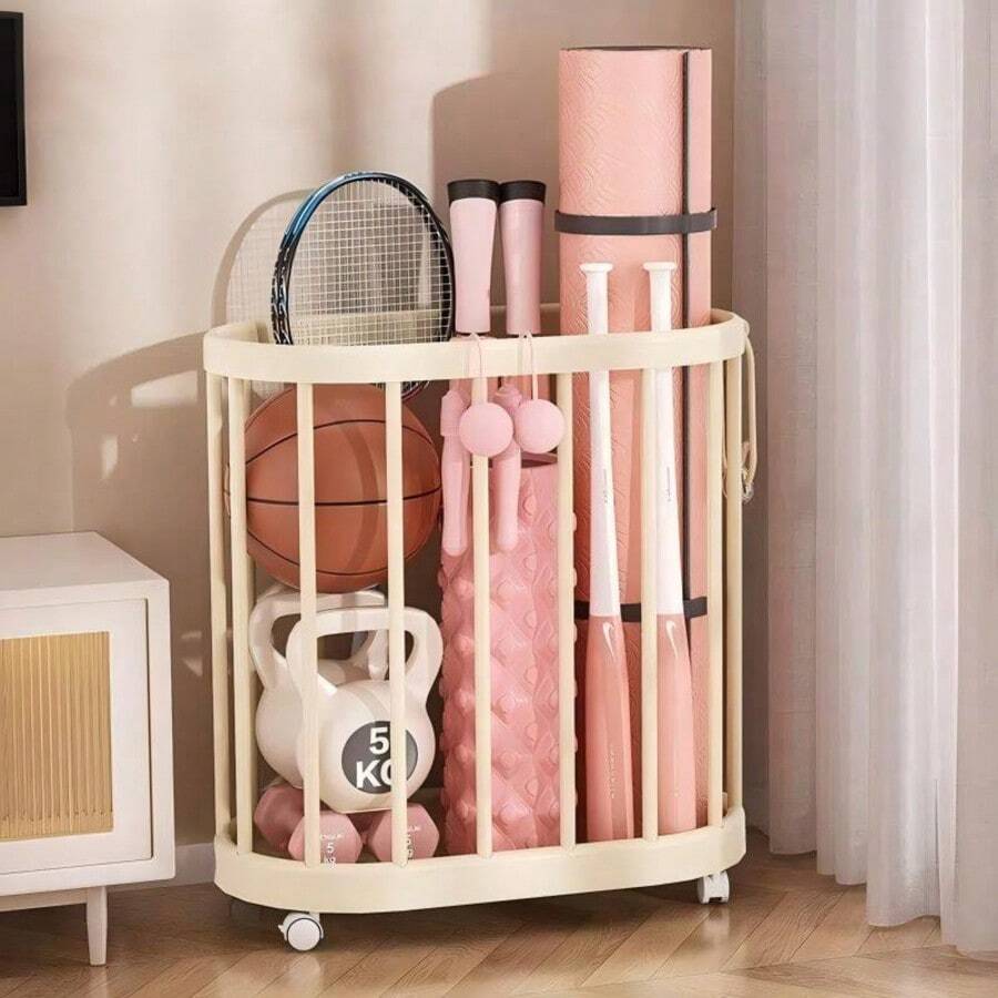Rolling Storage Basket With Wheels, Open Mesh Space-Saving Storage Box, Durable And Easy-To-Clean Plastic Structure, Black And White Options, Suitable For Yoga Mats, Fitness Equipment, Bathroom, Laundry Room, Home And Office Storage - Multicolor - View 1