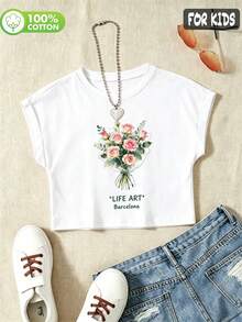 Girls 100% Cotton Drop-Shoulder Short-Sleeved T-Shirt With Rose Bouquet Print, In A Cute And Sweet Style - White - View 1
