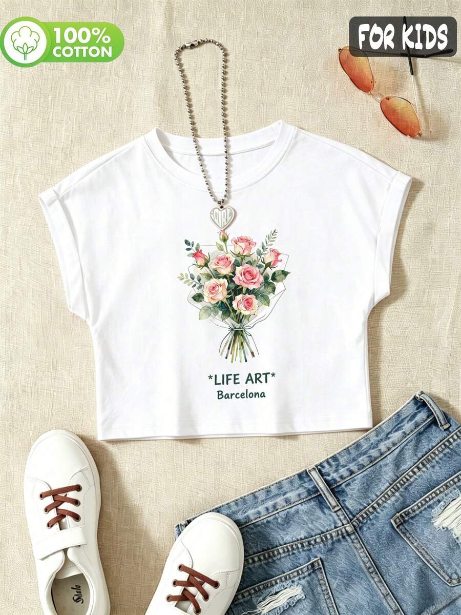 Girls 100% Cotton Drop-Shoulder Short-Sleeved T-Shirt With Rose Bouquet Print, In A Cute And Sweet Style - White - View 1