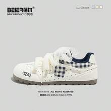 BEIER Women's Contrast Color Cartoon Casual Shoes, Patchwork Sports Lace-Up Round Toe Low-Top Leather Flat Sneakers - Blue and White - View 13