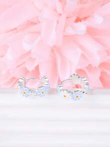 Pure Silver Earrings Delicate Daisy Flower Hoop Earrings Minimalist Style Suitable For Daily Wear Birthday Gift - Blue - View 4