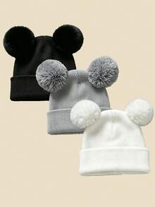 3pcs/Set Baby & Toddler Knitted Double Pom Earflap Hats, Thin Warm, Solid Color Versatile, Suitable For Spring, Autumn, Winter - Multicolor - View 9