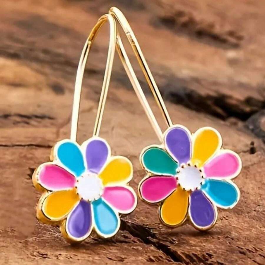 Women's Drip Oil Daisy Pendant Earrings, Colorful Petal Ear Drops - Gold - View 1
