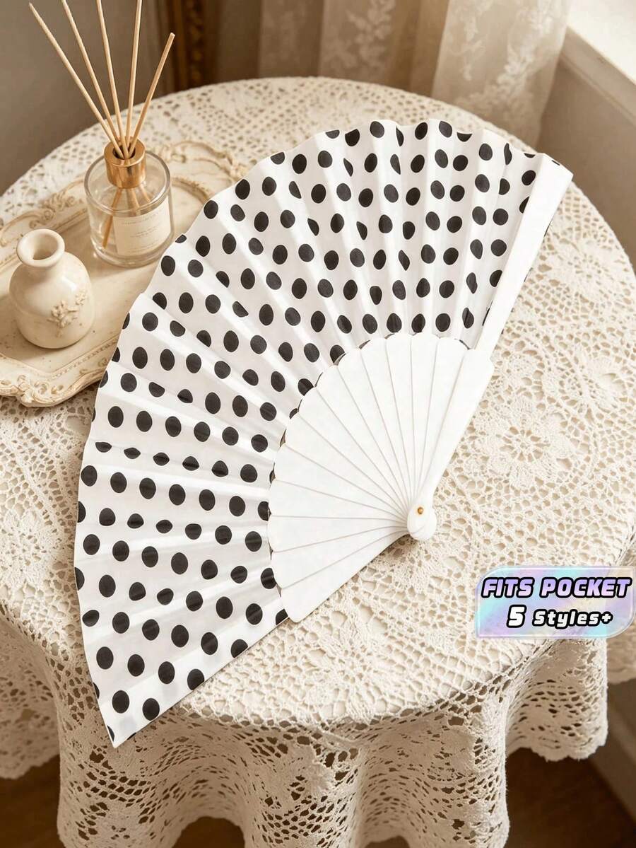 1pc Polka Dot Folding Fan, Lightweight And Foldable, Suitable For Summer Daily Use, Can Be Used As An Aesthetic Photo Prop For Beach Scenes And Daily Outfits, Also A Fashionable Cooling Accessory - Multicolor - View 1