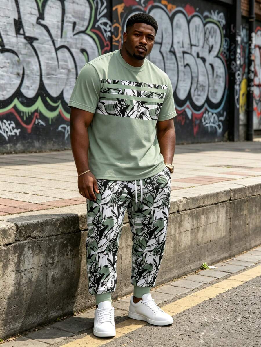 Plus Size Men's 2 Pieces Set, Men's Long Pants, Graphic T-Shirt, Streetwear Series "Horizontal Stripe Abstract Floral Patchwork Camouflage Print" Pattern Set - Polyester Fabric, Drawstring, Pockets, Suitable For Plus Size Body - Multicolor - View 1