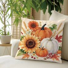 1pc Autumn Watercolor Pumpkin Sunflower Maple Leaf Pattern Cushion Cover, Single-Sided Printed Skin-Friendly Peach Skin Velvet Material, 45*45CM Pillowcase Suitable For Home Indoor Room Living Room Decoration Party Decoration, Holiday Decoration Cushion Cover Gift, No Pillow Insert - Multicolor - View 5