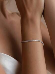 BALMORA 1pc Luxury Fashion S925 Sterling Silver Single Row 2mm Round Zirconia Adjustable Drawstring Bracelet, Women's Daily Commute Party Holiday Wear Birthday Gift - Silver - View 6