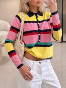 女款條紋針織 Polo 領多色長袖半開鈕扣開襟針織衫，適合派對與外出，秋季穿搭 - 彩色 - 查看 6