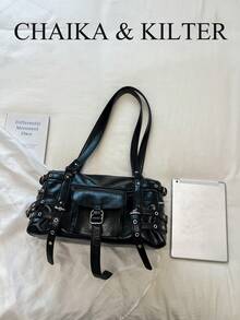 1pc Solid Color Shiny PU Fabric Women's Fashion Casual Shoulder Boston Pillow Bag With Metal Eyelet Decor, Multi-Pocket Design, Double Handle Zipper Closure, Suitable For Daily Shopping - Black - View 3