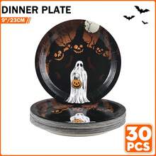 20/30/50-Piece Set Of 7/9 Inch Halloween Disposable Paper Plates, Moon Night Ghost Pumpkin Forest Print, Haunted Tree Bat Design, Vintage Halloween Party Tableware, Party Decor, Dinner Table, Home Gathering - Multicolor - View 11