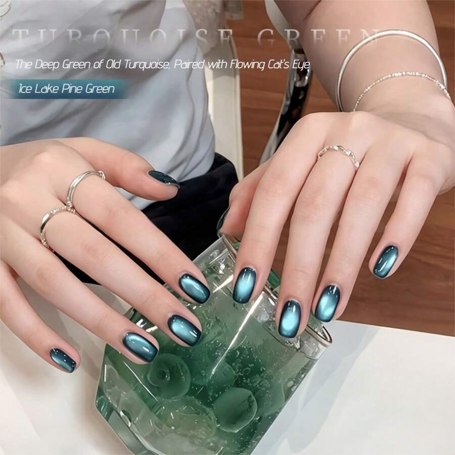 MIANEL GEL 10ml 2026 Summer New Ice Lake Pine Green Cat Eye Gel Nail Polish, Extremely Flattering Skin Tone, Shiny Transparent Deep Green Glass Bead Cat Eye Effect, Professional Salon-Grade DIY Home Use LED Curing