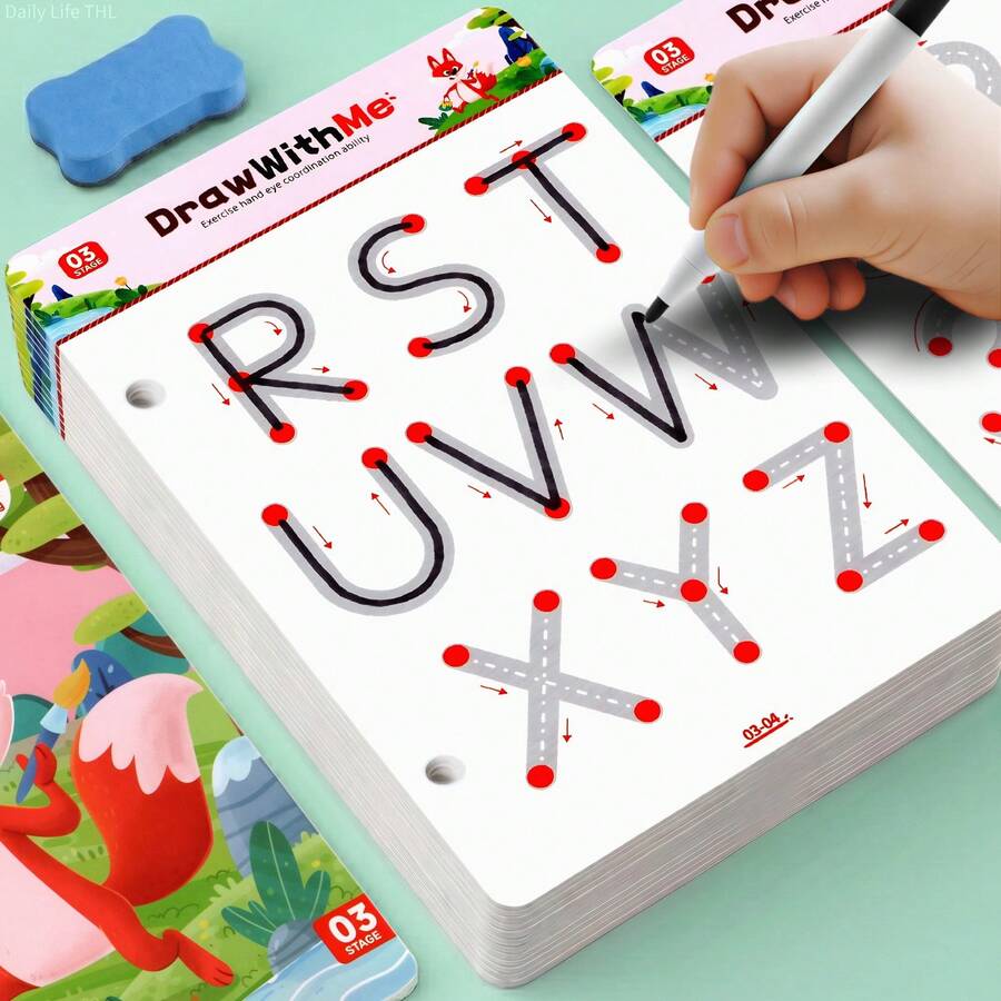 Buku Latihan Mengontrol Pena Huruf dan Angka yang Dapat Digunakan Kembali, Kit Menggambar Titik Hubungkan yang Dapat Dihapus dengan 28 Tema untuk Anak-Anak dengan 3 Spidol dan 1 Penghapus, Buku Latihan Menulis Alfabet, Mainan Edukasi dan Pembelajaran Keterampilan Motorik Halus