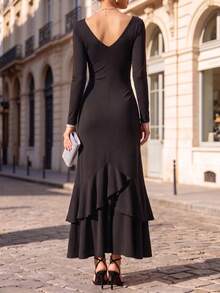 Vestido Maxi de Sirena Vuslat para Mujer, Estilo Francés Otoñal, Negro, Manga Larga, Cuello en V Asimétrico, Plisado Drapeado, Tela de Punto Elástica Amigable con la Piel, Dobladillo de Sirena con Volantes Asimétricos Multicapa, Adecuado para Gala Nocturna, Invitada de Boda, Fiesta de Cumpleaños, Estilo Callejero Urbano, Cita Elegante, Fotografía, Graduación - Negro - Ver 2